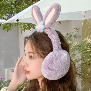 Acoperitori pentru urechi, protectie impotriva frigului, model casti dama cu urechiuse de iepuras si fundita, tematica flower bunny, marime universala, mov - Img 4