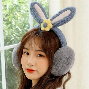 Acoperitori pentru urechi, protectie impotriva frigului, model casti dama cu urechiuse de iepuras si fundita, tematica flower bunny, marime universala, albastru - Img 2