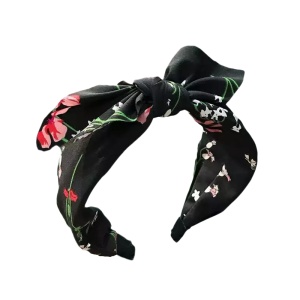 Bentita pentru par cu fundita tinereasca, neagra cu imprimeu floral, marime standard