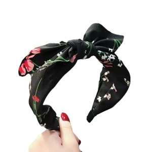 Bentita pentru par cu fundita tinereasca, neagra cu imprimeu floral, marime standard - Img 3