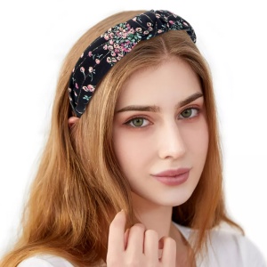Bentita pentru par, model nod de cravata imprimeu floral, neagra, marime standard - Img 3