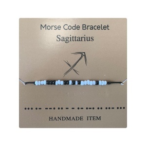 Bratara cu cod morse zodiac sagetator, argintiu, creata manual, neagra, , unisex