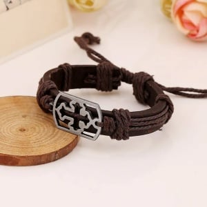 Bratara cu cruce si scut, model retro old cross, reglabila, unisex, maro, - Img 3