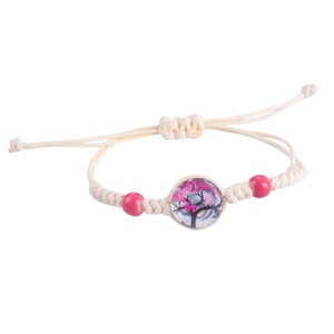 Bratara cu pandantiv rotund copacul vietii, snur crem, accesorii rosu deschis, reglabila