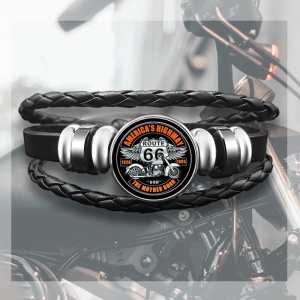 Bratara cu pandantiv rotund cu motocicleta si accesorii, model route 66, tematica free spirit, unisex, neagra, - Img 3