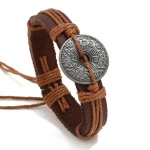 Bratara cu rune si amuleta vikinga, model nordic, reglabila, unisex, maro deschis,