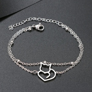 Bratara dama, dublata, model cat love, pandantiv pisica, cu accesorii bilute, argintie - Img 3