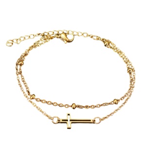 Bratara dama, dublata, model religios, pandantiv cruce, cu accesorii bilute, aurie