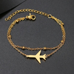 Bratara dama, dublata, model travel, pandantiv avion, cu accesorii bilute, reglabila, aurie - Img 2