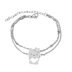 Bratara dama, model dublat cu accesorii bilute, tematica desene animate, pandantiv love kitty, reglabila, argintie