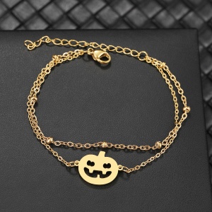 Bratara dama, model dublat cu accesorii bilute, tematica scary halloween, pandantiv dovleac hazliu, reglabila, aurie - Img 2
