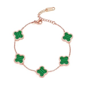 Bratara dama, model norocos, M2, trifoi cu 4 foi, bronz, reglabila, cu accesorii verzi