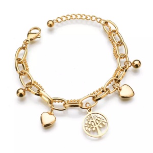 Bratara dama, pandantiv copacul vietii, accesorii inimioare, dubla, reglabila, aurie