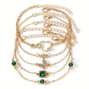 Bratara dama, set 5 bucati, model fashion, accesorii multiple elegante, tematica feeling fancy, verde cu auriu