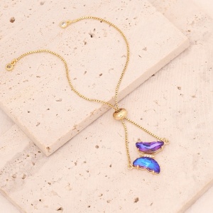 Bratara dama, tenis, pandantiv fluture cristal albastru violet, aurie, reglabila - Img 2