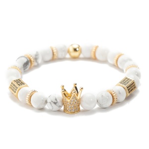 Bratara fashion din pietre semipretioase, cu pandantiv tip coroana din zirconiu, unisex, alba