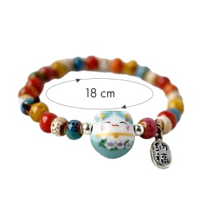 Bratara, model cu margele si pisica simpatica, tematica lucky cat, elastica, unisex, albastra - Img 4