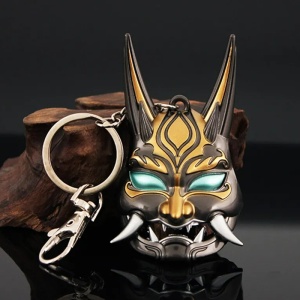 Breloc cu masca demon anime, model japonez, tematica guess who, negru cu galben - Img 2