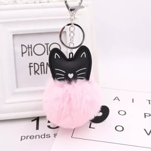 Breloc, pompon puf pisica fericita, roz - Img 2