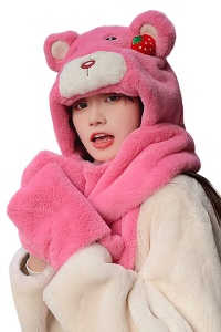 Caciula dama, model cap de ursulet voluminos, prelugire tip fular calduros cu loc special pentru maini tip manusi, tematica happy bear, marime universala, roz deschis