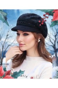 Caciula dama, model cu cozoroc si accesorii delicate, tip bereta calduroasa, tematica fashion winter, marime universala, neagra - Img 3