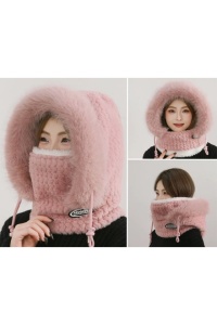 Caciula dama, model moale si pufos tip cagula cu guler inalt, reglabila cu snur, tematica warm and cozy winter, marime universala, roz - Img 4