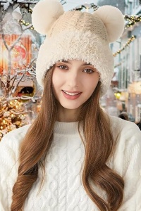 Caciula dama, model vesel calduros cu pom pom, tematica cozy winter, marime universala, bej - Img 3