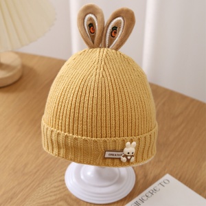 Caciula pentru copii, accesorizata cu urechiuse de iepuras, model minimalist, captuseala delicata, tematica little rabbit, 1 - 3 ani, galbena - Img 3