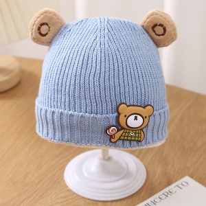 Caciula pentru copii, accesorizata cu urechiuse de ursulet, model minimalist, captuseala delicata, tematica little bear, 3 luni – 3 ani, albastra - Img 2