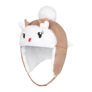 Caciula pentru copii, calduroasa, model cu fata vesela, cu ochisori, nasuc si urechi de caprioara, prindere in doua moduri cu capse, tematica I’m a happy deer, 1 – 5 ani, maro