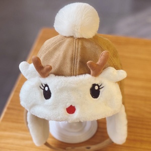 Caciula pentru copii, calduroasa, model cu fata vesela, cu ochisori, nasuc si urechi de caprioara, prindere in doua moduri cu capse, tematica I’m a happy deer, 1 – 5 ani, maro - Img 4