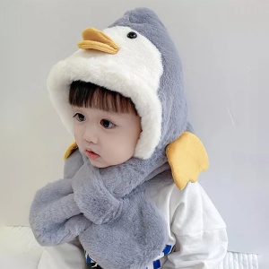 Caciula pentru copii, moale si calduroasa, model cu pinguin zgribulit, tematica picioruse vesele, 2 – 5 ani, gri - Img 4