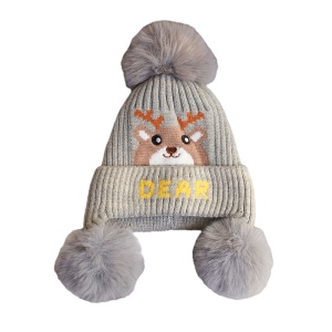 Caciula pentru copii, moale si calduroasa, model cu pom pom pufos multiplu, tematica little deer, 2 – 8 ani, gri