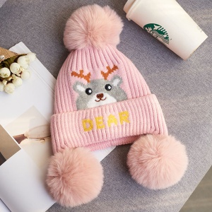 Caciula pentru copii, moale si calduroasa, model cu pom pom pufos multiplu, tematica little deer, 2 – 8 ani, roz pal - Img 2