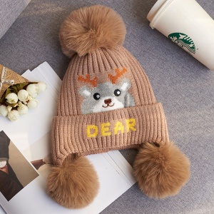 Caciula pentru copii, moale si calduroasa, model cu pom pom pufos multiplu, tematica little deer, 2 – 8 ani, maro - Img 2