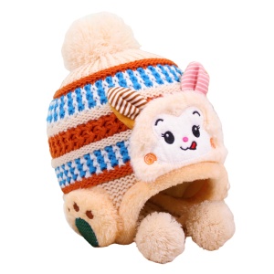 Caciula pentru copii, model calduros cu pom pom cu urechiuse hazlii, prindere sub barbie, tematica iepuras bunny poznas, 0 – 2 ani, bej