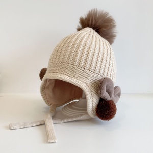Caciula pentru copii, model cu pom pom si prindere reglabila sub barbie, accesorizata cu iepurasi la urechi, tematica little bunny in the winter, 1 – 3 ani, bej - Img 3