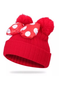 Caciula pentru copii, model cu urechiuse pom pom si funda chic, marime universala, rosie - Img 3