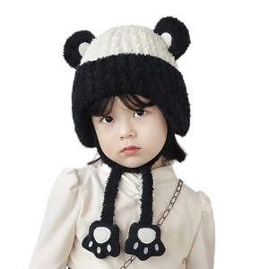 Caciula pentru copii, model cu urechiuse si labute, prindere reglabila, panda vesel, tematica I love animals, 3 - 12 ani, alba cu negru