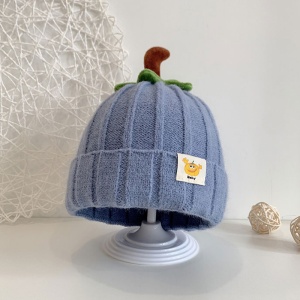 Caciula pentru copii, model delicat cu codita de dovleac, tematica sweet pumpkin, 3 luni – 3 ani, albastra - Img 2