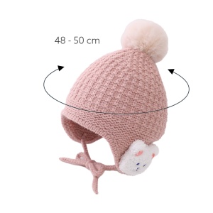 Caciula pentru copii, model pom pom si ursulet la urechi, prindere sub barbie reglabila, tematica prietenul meu blanos, 1 – 2 ani, roz - Img 3