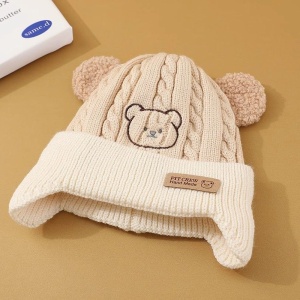 Caciula pentru copii, prelungire pentru urechiuse, imprimeu ursulet, model cute, tematica happy little bear, 6 luni – 3 ani, bej - Img 4