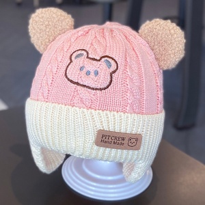 Caciula pentru copii, prelungire pentru urechiuse, imprimeu ursulet, model cute, tematica happy little bear, 6 luni – 3 ani, roz - Img 4