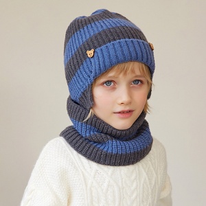 Caciula pentru copii, set doua piese, model cu prelungire peste urechi, accesorii delicate, fular asortat, tematica little funny guy, 3 - 9 ani, albastru cu gri - Img 2