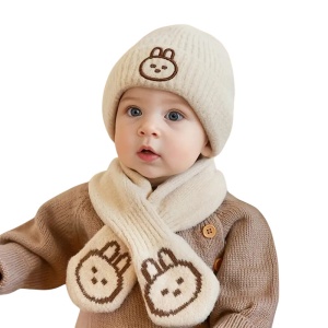 Caciula pentru copii, set doua piese, model minimalist cu iepuras, fular asortat, tematica sweet little bunny, 6 luni - 3 ani, bej