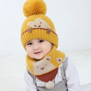 Caciula pentru copii, set doua piese, model pom pom cu ursulet curios, fular asortat tip guler, tematica I’m a friendly little bear, 12 luni – 2 ani, galbena - Img 4