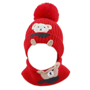 Caciula pentru copii, set doua piese, model pom pom si fulat asortat, tematica familie prietenoasa de ursuleti, 1 – 3 ani, rosie