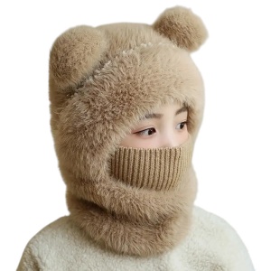 Caciula pentru copii, tip cagula cu guler, model pufos cu urechiuse ascutite, tematica fluffy cozy bear, 1 – 4 ani, maro inchis