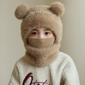 Caciula pentru copii, tip cagula cu guler, model pufos cu urechiuse ascutite, tematica fluffy cozy bear, 1 – 4 ani, maro inchis - Img 3