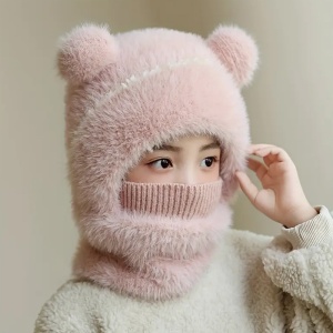 Caciula pentru copii, tip cagula cu guler, model pufos cu urechiuse ascutite, tematica fluffy cozy bear, 1 – 4 ani, roz - Img 2